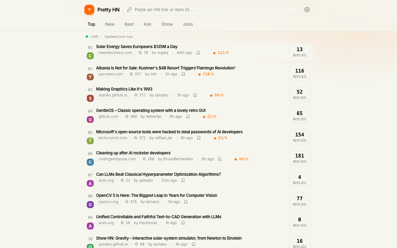 Pretty Hacker News feed view with the dense Classic theme